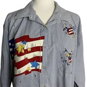 Vintage American Flag Button Up Shirt XXL Blue White Striped USA Patriotic